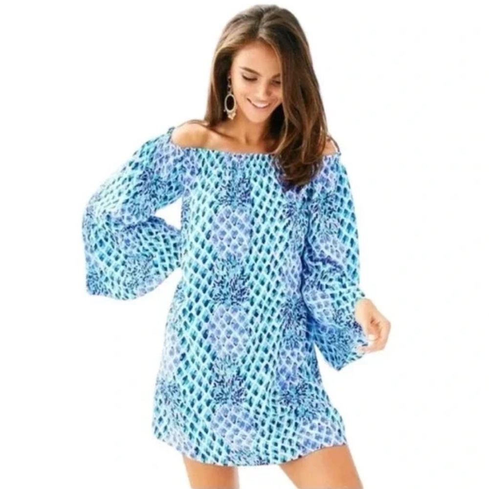 Lilly Pulitzer Nevie Off The Shoulder Dress White Blue Flounce Sleeves Small